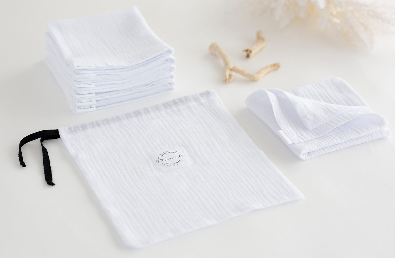 Veido rankšluosčiai iš muslino "Švara", 7 vnt. rinkinys su užrišamu maišeliu